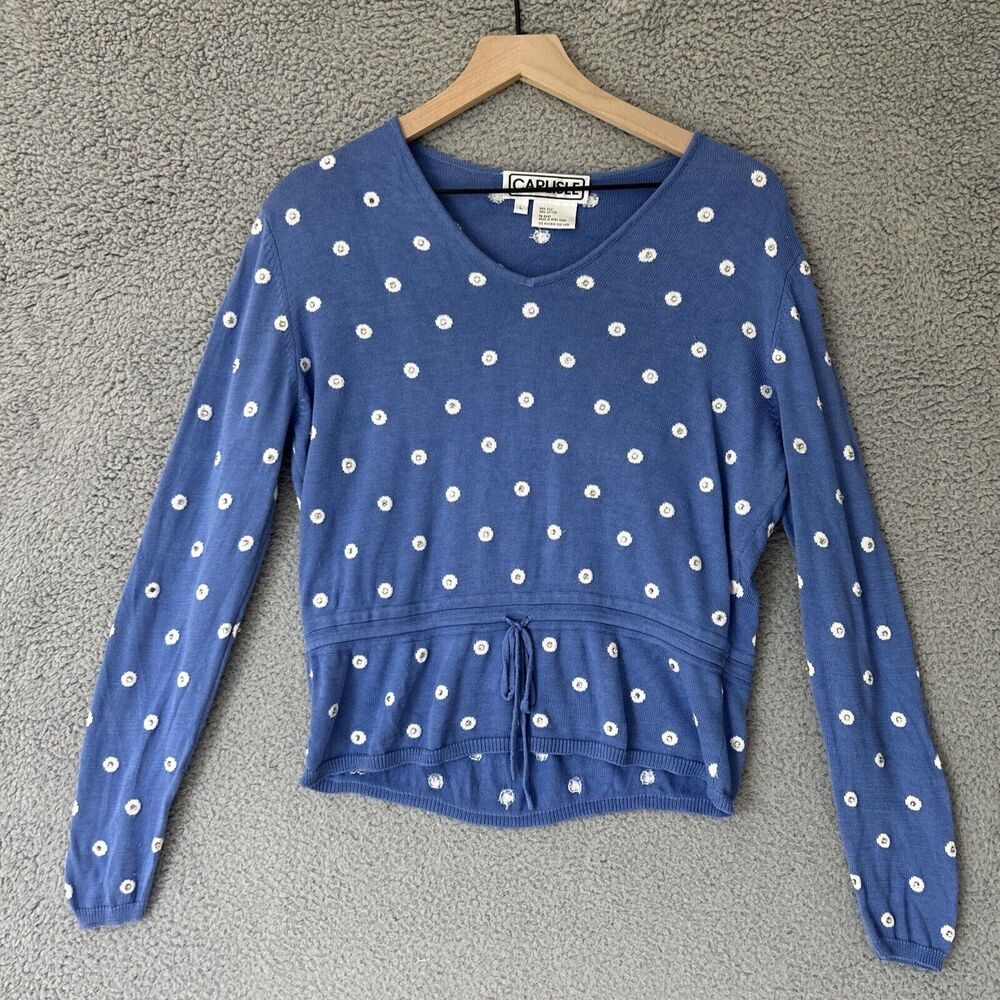 Vintage CARLISLE Knit Rhinestone Top Womens Large Blue Silk Blend Polka Dot